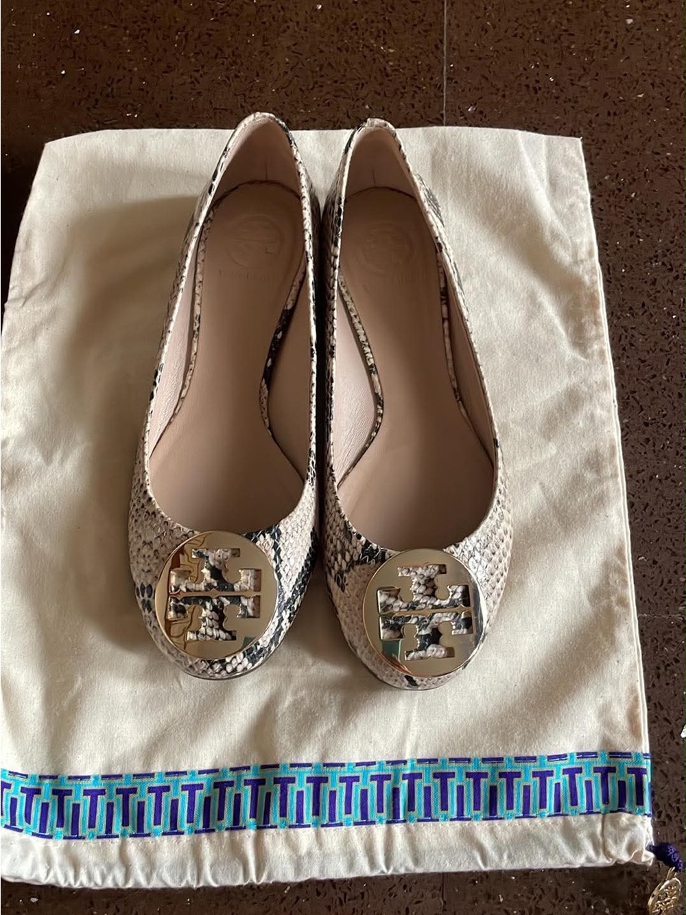 Tory Burch Neutral Snake-Print Logo Ballet Flats